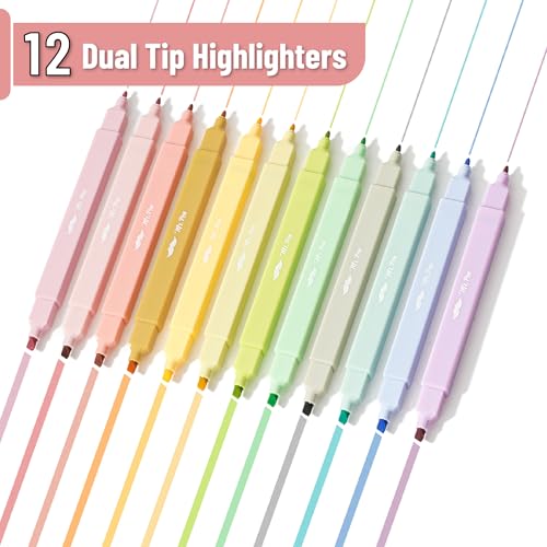 Mr. Pen- Dual Tip Aesthetic Highlighters, 12 pcs, Chisel & Fine Tip - color: Pastel, size: 12 Pack