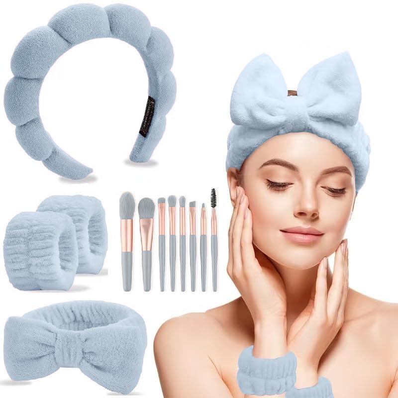 CAZYTOYZ Sponge Spa Headbands for Women Wristband Set Puffy Makeup Brush Headband Set for Washing Face Soft Towel Skin Care Head Band Cute Hair Band Shower - color: Sky