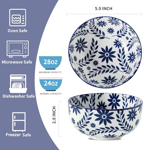 Cereal Bowls Set of 6, 28 Ounces Floral Soup Bowls - color: Blue Floral Mandala