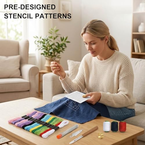 Ujukoxc 66-Piece Embroidery Set for Traditional Japanese Stitching, Sashiko Kit with Sashiko Thread and Sashiko Stencil,Includes Sashiko Needles and Sashiko Template for Fabric Art Projects