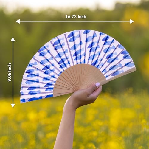 Fisura – Original Folding Fan with Fish Print. Modern and Colorful Wooden Folding Fan. Blue & White Folding Fan. Includes Strap. Fun Gift idea. 16.7 x 9 in. - color: Blue