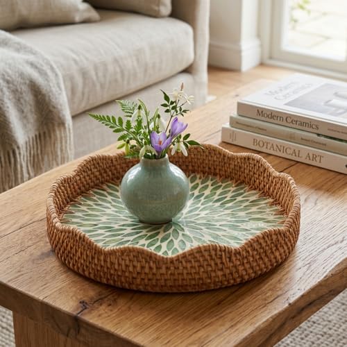 12 Inch Round Rattan Tray Mother of Pearl Inlay, Leaf Style - style: Leaf Style