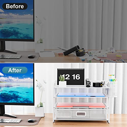 Marbrasse Desk Organizer, 4-Tier Paper File Letter Tray, White - color: White with Pen Holder