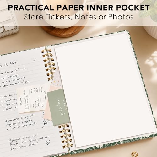 Green Floral Lined Spiral Notebook, Pretty Hardcover Journal 6'' x 8.4'', Botanical Notebook for Women, Work, Writing, Journaling Gift - color: green sage