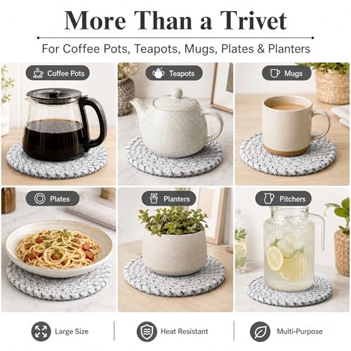 8 Inch Woven Trivets for Hot Dishes, 5 Pack Large Heat Resistant Cotton Hot Pads for Pots, Pans, Coffee Pot, Teapot, Plates & Planters, Farmhouse Boho Kitchen Decor for Table and Countertop