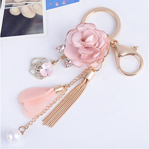 Flower Tassel Keychain Pearl Car Keyring Holder Purse Handbag Pendant - color: Pink