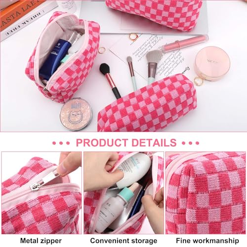 EIMMBD Makeup Bag 3 Pieces Large Capacity Checkered Cosmetic Bags Canvas Travel Toiletry Bag Organizer Cute Makeup Pouch Storage for Women(Rose) - color: Rose