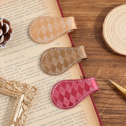 3PCS Vintage Magnetic Leather Bookmark, Leather Magnetic Bookmarks for Women, Magnetic PU Bookmarks Clip Book Accessories, Rhombic Pattern - style: Rhombic