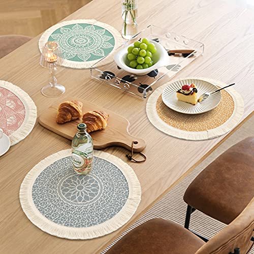 Set of 4 Round Placemats 13 Inch Cotton Woven Mandala Tassels Table Mats - color: Colorful-4pcs