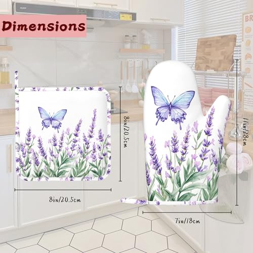 Lavender Heat-Resistant Silicone Oven Mitts and Pot Holders 4 Piece Set,Purple Butterfly Extra Long Non-Slip Kitchen Oven Gloves for Cooking, Baking, BBQ,Grilling - color: Lavender Purple Butterfly