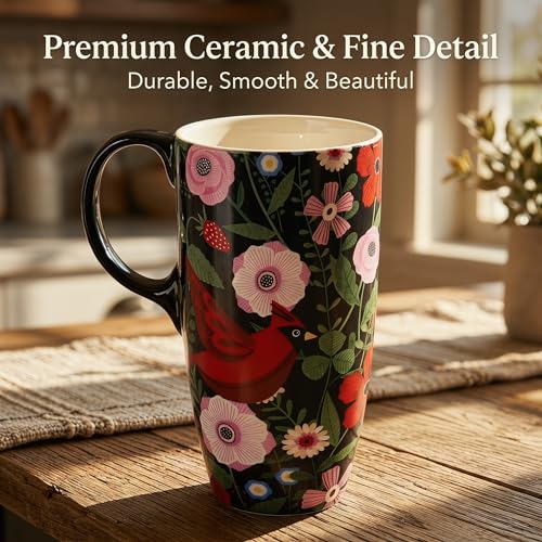 Topadorn 17oz Ceramic Coffee Mug with Lid, Cardinal Bird Floral Cup - color: Bird & Floral