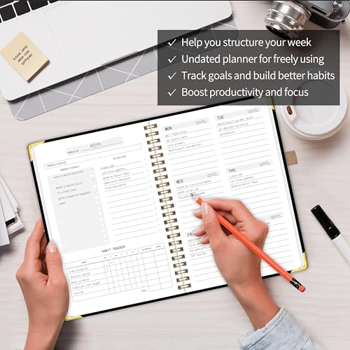 Undated Weekly Planner, Weekly To Do List Notebook with Habit Tracker, A5 - color: Black