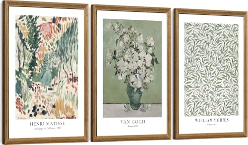 FWAHREN 3 Piece Framed Vintage Botanical Floral Canvas Wall Art Set, Matisse Van Gogh William Morris Paintings, Large Pictures Prints Wall Decor for Living Room Bedroom Bathroom Office, 16x24in - color: Art Masters Trio, size: 24"L x 16"W