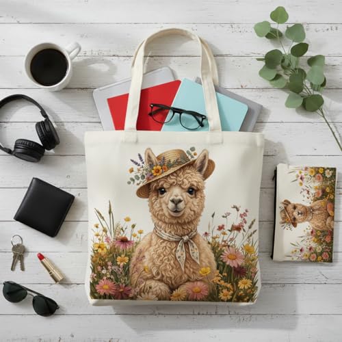 Aesthetic Canvas Tote Bag for Women – Minimalist Open-Top Design, Perfect for Books, Daily Errands and Gifting. - color: Floral Alpaca Straw