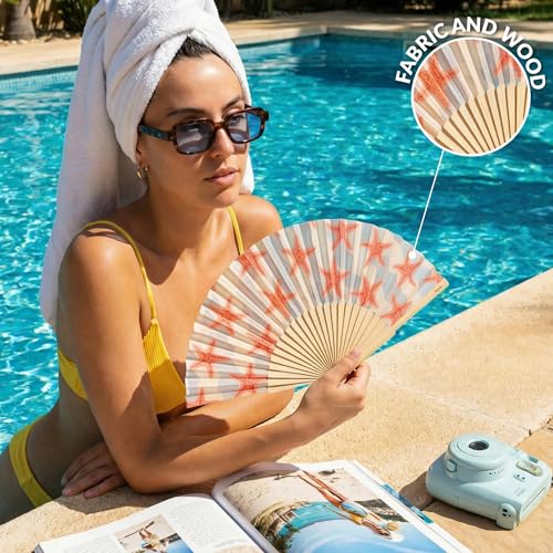 Fisura – Original Folding Fan with Starfish Print. Colorful Wooden Folding Fan in Blue and Pink with Strap Included. Fun Gift idea for Travel Beach Days or Summer Events. 16.7 x 9 in. - color: Starfish, Coral