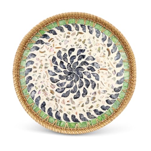13.7" Decorative Round Rattan Tray with Mother of Pearl, Hand-Woven Wicker Serving Tray, Boho Rattan Basket Platter for Fruit Bread Coffee Counter Dessert Kitchen - color: Large