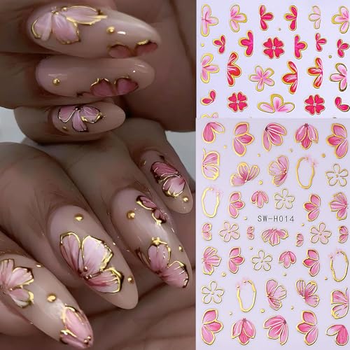 Flower Nail Stickers for Nail Art 12PCS 3D Self-Adhesive Nail Decals with Tweezers Floral Leaf Line Designs Manicure Decoration Spring DIY Charming Flowers Nails Supplies for Women - style: Flower Styles-02