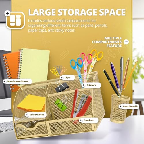 Flexzion Metal Mesh Desk Organizer with Drawer, 6 Compartments, Rose Gold - color: Metallic Rose Gold