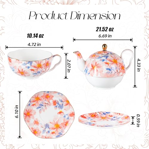KAMMAK Tea for One Set, Ceramic Teapot, Bone China Tea Set, Cup and Saucer - color: Pink-XY1