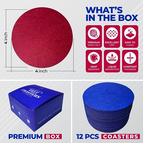 A&A Wonders Premium Felt Coasters for Drink, Two-Tone Reversible, Absorbent Felt Protects Furniture, Table, Anti Slip, Suitable for Drinks & All Table Types (Wine Red/Royal Blue, Circle 12 Pack) - color: Wine Red/Royal Blue, size: Circle 12 Pack