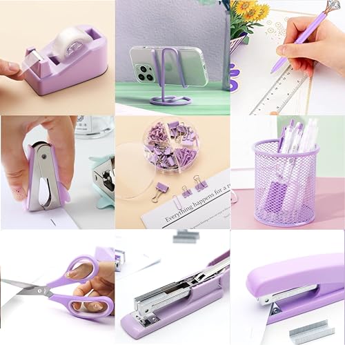 Purple Office Supplies - Purple Desk Accessories: Stapler, Staple Remover, Tape and Pen Holders, Ballpoint Pens, Scissors, Binder Clips, 1000 Staples, Phone and Ruler, Transparent Glue, Notes - color: Purple