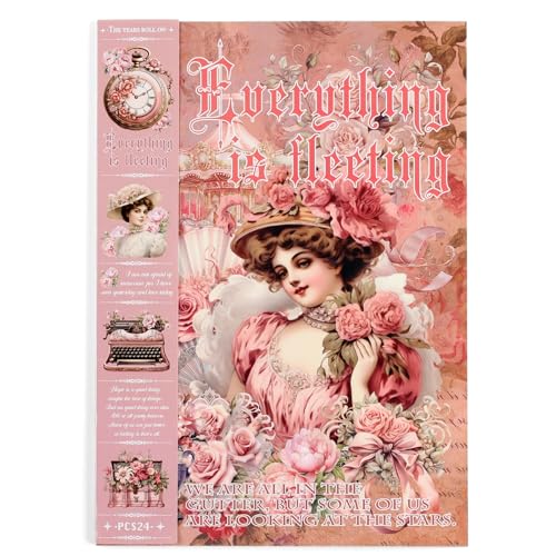 Vintage Ephemera Sticker 24 Sheets precut 300 washi Stickers Paper People Journal Stickers for Adults Junk journaling Sticker Book Scrapbooking Supplies - color: Pink