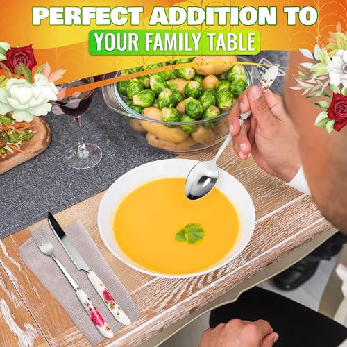 Tablespoons Set of 6, Ceramic Handle, Stainless Steel, Floral Design - color: 6 Pcs Floral Table Tablespoons Set