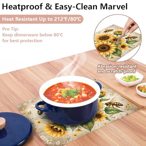 Peacoblue Placemats Set of 4,Faux Leather Sunflower and Bee Design - style: Sunflower and Bee