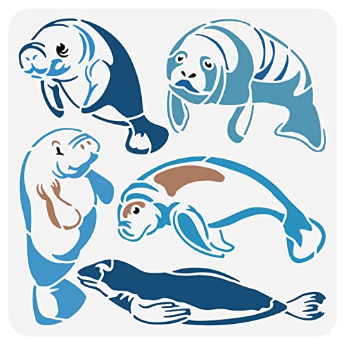 BENECREAT Manatee Plastic Stencil, 12x12" Animal Themed Reusable Drawing Painting Templates for Diary Scrapbook DIY Craft, Wall Floor Decoration - color: Manatee