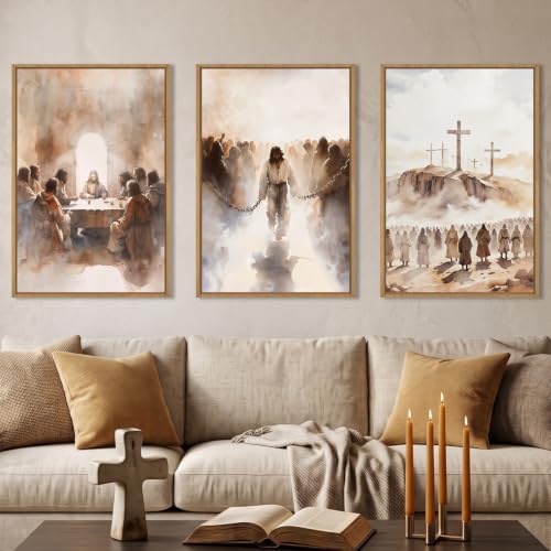 LHIUEM Large Jesus Neutral Framed Canvas Wall Art Set,Christ Church Wall Decor,Christian Bible Story Religious Easter Last Supper Artwork for Living Room,Churches,Prayer Room Decor- 24''x36''x3 - color: Neutral Jesus Wall Art, size: 36"L x 24"W