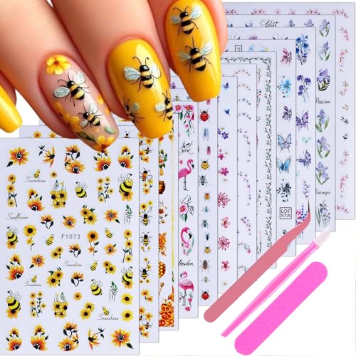 Summer Nail Stickers for Nail Art 12PCS Flower Nail Decals Self-Adhesive Butterfly Bee Ladybug Flamingo Floral Leaf Plant 3D Nails Supply DIY Sliders Manicure Decoration Accessories for Women - style: Summer Bee Flower