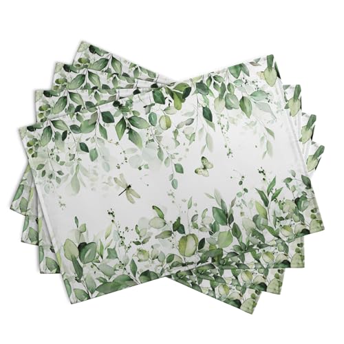 Sage Green Leaf Placemats Set of 4 Eucalyptus Leaves Place Mats 12×18 Inch Spring Summer Rustic Vintage Farmhouse Washable Linen Fabric Table Mats for Party Kitchen Dining Outdoor Indoor Decor - color: Eucalyptus Leaves