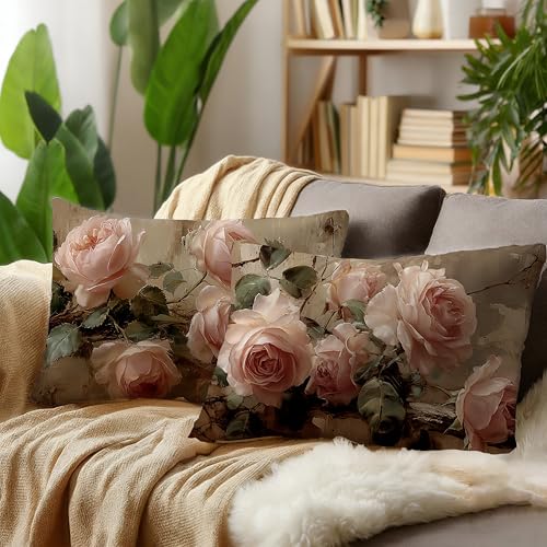 Vintage Pink Rose Floral Small Decorative Lumbar 12x20 Pillow Covers Decor,Pink Flower Rustic Cottagecore Decorative Throw Pillow Cover for Home Bedroom Room Decor Double-Sided Set of 2 - color: A-rose-6, size: 20" x 12" (Pack of 1)