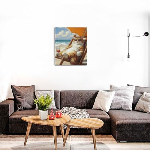 Funny Cat Beach Wall Art Cute Cat Ocean Canvas Wall Decor Coastal Kitten Pictures Paintings Prints Seaside Artwork Framed Seascape Decorations For Bathroom Bedroom Living Room Office Gifts 20" x 24" - color: Beach Cat, size: 24"L x 20"W