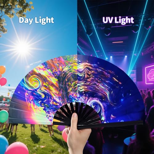 EOSAU Large UV Glow Rave Fan, Folding Hand Fans for Line Dancing, Waves - color: 13" Waves