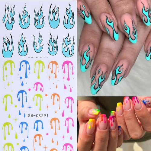 Halloween Skull Nail Stickers Decals 12PCS Colorful Halloween Nail Art Stickers 3D Self-Adhesive Decals Flame Ghost Mushroom Spider Web Colorful Dripping Y2K Designs Manicure Decor Nail Supplies - style: Halloween Skull Flame