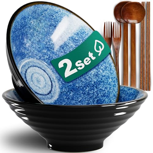 8-Inch 2 Sets Ceramic Ramen Bowl (8 Piece) - Japanese Porcelain Dishwasher Microwave Safe Salad Noodles Cereal Pasta Soup Large Bowls with Chopsticks Forks Spoons for Men Women Housewarming Gift - color: A:Ocean Blue, size: 8 INCH 2 Set