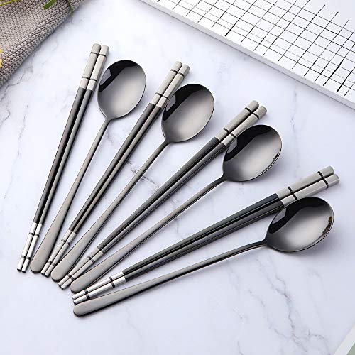 Buyer Star 4 Set Black Square Chopsticks and Spoons Set Metal Stainless Steel Spoons Chopsticks Set - color: black-square chopstick and spoon