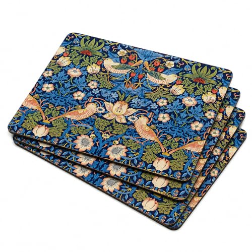 Pimpernel Morris & Co Strawberry Thief Blue Placemats, Set of 4 - Stain Resistant & Heat Safe Fabric-Feel Table Mats with Birds & Botanical Pattern for Stylish Dining & Entertaining