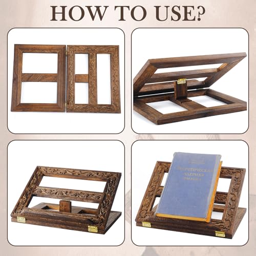 DoubleFill Adjustable Wooden Bible Stand Carved Bible Holder Missal Stand Book Display for Reading Folding Religious Prayer Wooden Holy Book Holder 12.99 x 10.04 Inches(Dark Brown) - color: Dark Brown