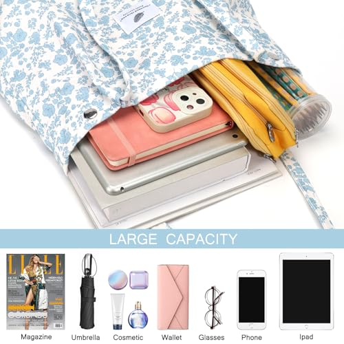Ayieyill Corduroy Tote Bag for Women Canvas Shoulder Cord Purse with Inner Pocket - color: Blue/Flower