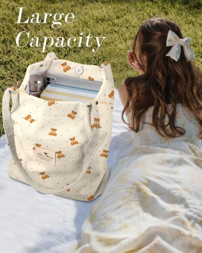 Miss Adola Corduroy Tote Bag for Women Cute Design - color: Polka Dot Bear