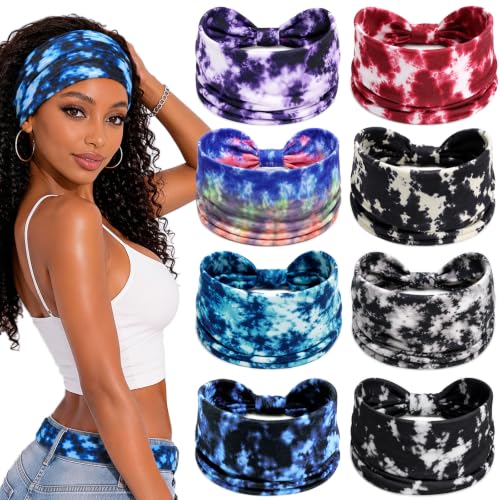 Awumbuk Wide Headbands for Women Knotted Non Slip, Soft Moisture Wicking Head Bands for Workout Sports Yoga 8 Pack - color: Tie-dye purple