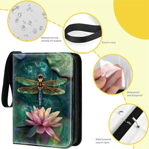 Card Binder 400 Pockets, 50 Sleeves Large Binder Trading Cards Holder 4 Pocket, Storage Organizer, Album Folder Case Protector Collector Gift Colourful Dragonfly Pink Lily Pads Resting - color: Colourful Dragonfly Pink Lily Pads Resting, size: 4 Pocket