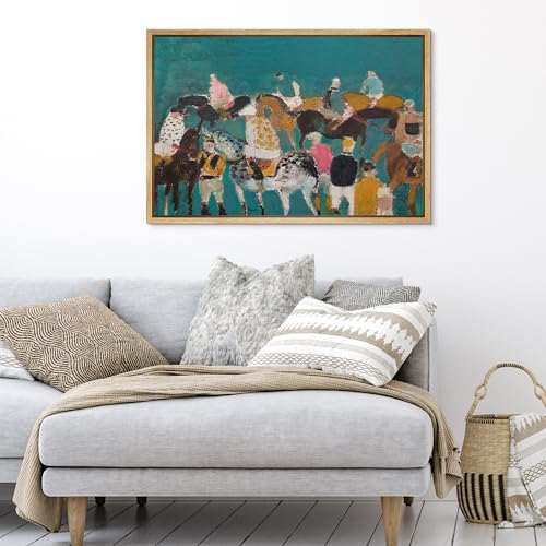 SIGNFORD Framed Canvas Print Wall Art Abstract Horse Racing Colorful Impressionist Equestrian Scene Illustrations Modern Art Decorative Boho Relax/Zen for Living Room, Bedroom, Office - 16x24 Natural - color: B08-2508-M14, size: 24"L x 16"W