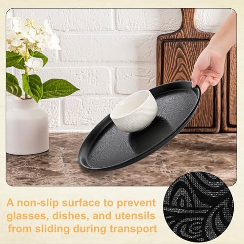 Hacaroa 4 Pack Round Restaurant Serving Trays, 11.5 Inch Plastic Food Service Trays Non-Skid Food Platter for Cafeteria, Bar, Coffee Shop, Hotel, Tailed Lines, Black