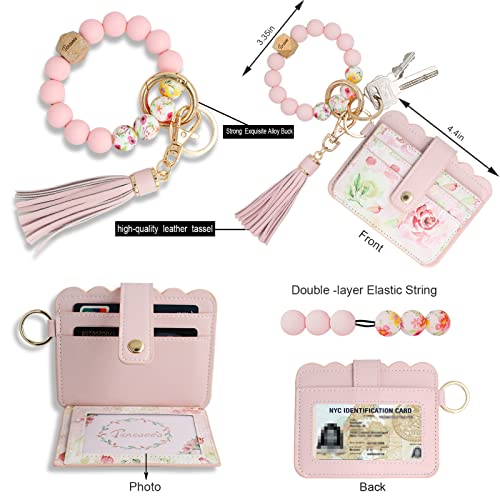 Keychain Wallet Wristlet Small Credit Card Holder Bracelet Key Chain Purse Bangle Tassel Beads Key Rings for Women - color: 03-rfid Pink