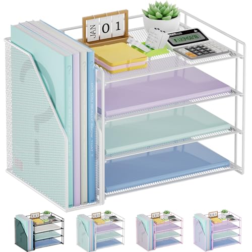 Marbrasse 4-Tier Paper Tray Organizer with File Holder, White - color: White