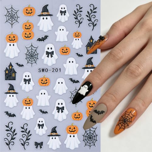 Gothic Halloween Nail Art Stickers 10PCS Spooky 3/5D Self-Adhesive Nail Decals Skull Ghost Pumpkin Owl Bat Spider Web Horror Nail Supplies Manicure Decorations DIY Halloween Designs for Women - style: Halloween Ghost Pumpkin