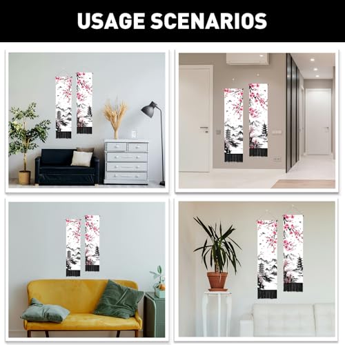 PLIGREAT 2 Pack Cherry Blossoms Wall Hanging Ink Painting Tapestry with Tassel Vertical Long Narrow Aesthetic Wall Tapestry for Bedroom Living Room Bathroom Home Office Decor - color: black,pink